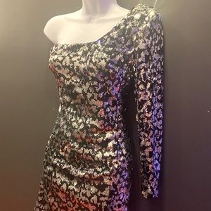 ASOS  Black & Silver One Shoulder Sequin Mini Dress- Perfect Holiday outfit